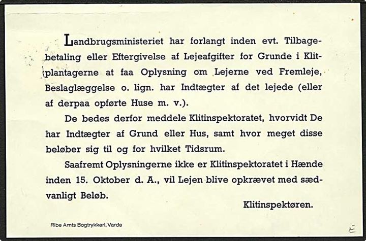 6 øre Bølgelinie på tryksabsbrevkort stemplet Oksbøl d. 4.10.1944 til Aarhus. Afs.-stempel (krone)/Klitinspektoratet/ Vejers pr. Oksbøl