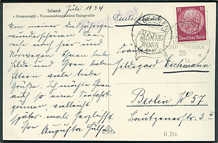 15 pfg. Hindenburg på islandsk brevkort annulleret med skibsstempel Deutsche Schiffspost Hamburg-Süd Hamburg - Südamerika / Monte Rose H.S.D-G d. 25.7.1834 og sidestemplet Bergen d. 30.7.1934 samt violet Paquebot til Berlin, Tyskland.