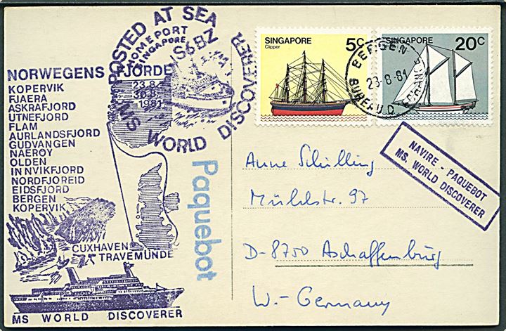 Singapore 5 c. og 20 c. på ældre norsk postkort (Nordkap) annulleret Bergen d. 28.8.1981 og sidestemplet Paquebot til Aschaffenburg, Tyskland. Flere skibsstempler fra M/S World Discoverer.