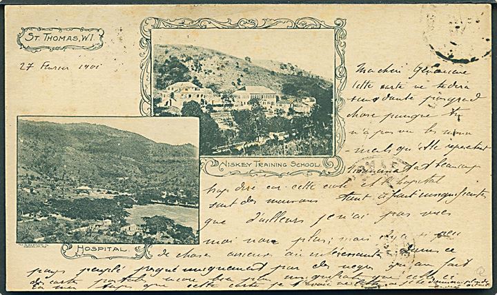 3 cents Tofarvet omv. rm. på brevkort (St. Thomas: Niskey Training School & Hospital fra St. Thomas d. 28.2.1901 via Le Havre til Paris, Frankrig. 