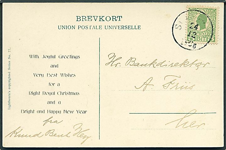 5 bit Chr. IX brevkort (Charcoal Burners at work in the Danish West Indies, Lightbourn no. 77) med fortrykt jule og nytårshilsen sendt lokalt på St. Thomas d. 24.12.1906.