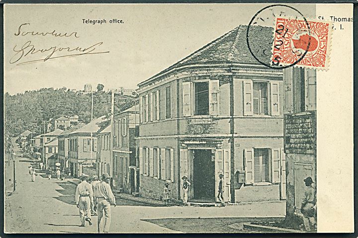 10 bit Chr. IX på billedside af brevkort (Telegraph office, St. Thomas) stemplet St. Thomas d. 21.12.1905 til Paris, Frankrig.