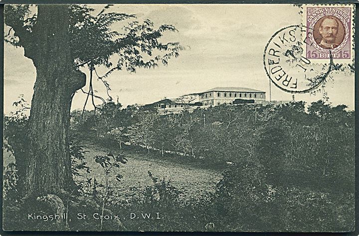 15 bit Fr. VIII på billedside af brevkort (Kingshill, St. Croix, A. Ovesen no. 6) fra Frederiksted d. 7.10.1915 til St. Leu, Frankrig.