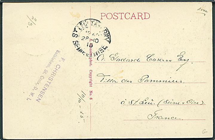 15 bit Fr. VIII på billedside af brevkort (Kingshill, St. Croix, A. Ovesen no. 6) fra Frederiksted d. 7.10.1915 til St. Leu, Frankrig.