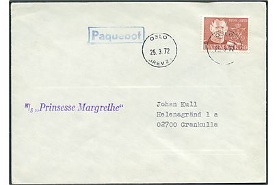 60 øre Fr. IX mindeudg. på skibsbrev annulleret med norsk stempel i Oslo d. 25.3.1972 og sidestemplet Paquebot til Grankulla, Finland. Privat skibsstempel: M/S Prinsesse Margrethe.