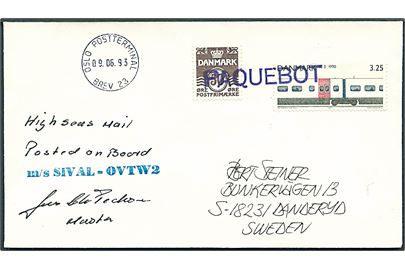 50 øre Bølgelinie og 3,25 kr. Lokomotiv på skibsbrev annulleret Paquebot og sidestemplet Oslo Postterminal d. 9.6.1993 til Danderyd, Sverige. Fra M/S Sival.