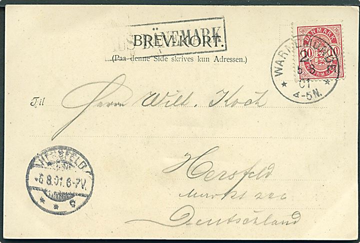 10 øre Våben på brevkort (Hilsen fra Kjøbenhavn) annulleret med tysk stempel i Warnemünde d. 5.8.1901 og sidestemplet Aus Dänemark til Hersfeld, Tyskland.