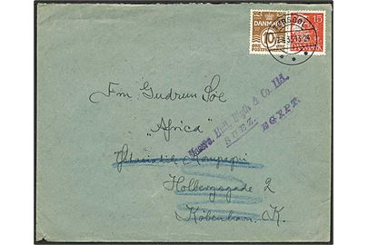 10 øre Bølgelinie og 15 øre Karavel på brev fra Tørsbøl d. 17.4.1933 til ØK-skibet S/S Africa via rederiadresse i København - eftersendt til Suez, Egypten. Bagklap mgl.
