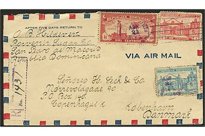 22 c. blandingsfrankeret anbefalet luftpostbrev fra San Pedro d. 21.4.1932 via Miami og New York til København, Danmark.