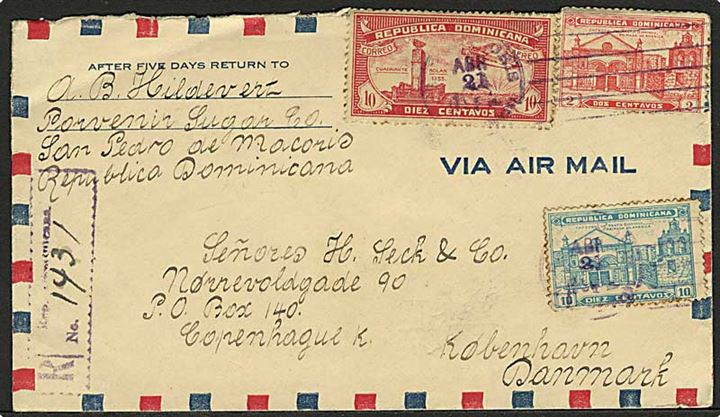 22 c. blandingsfrankeret anbefalet luftpostbrev fra San Pedro d. 21.4.1932 via Miami og New York til København, Danmark.
