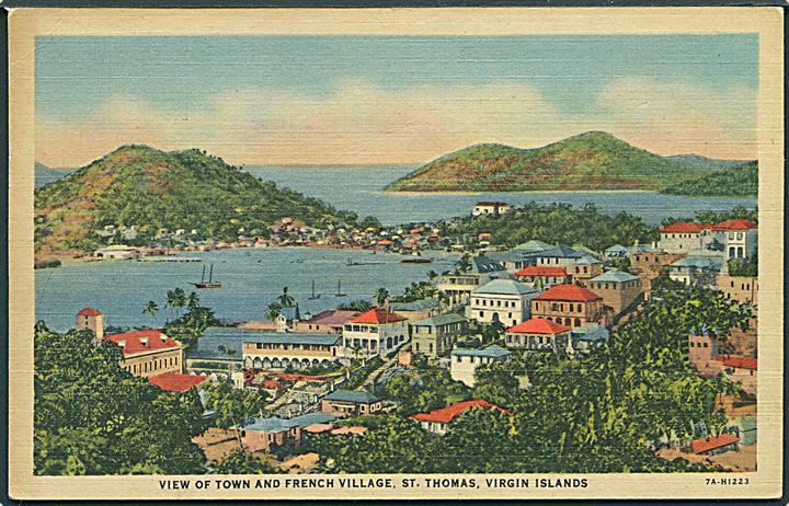 Dansk Vestindien. View of town and french village, St. Thomas, Virgin Islands. C. T. Art Colortone 7A-H1223. 