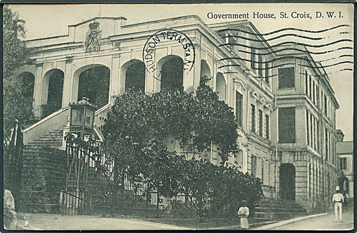 Dansk Vestindien. Government House, St. Croix. Mrs. R. D. Benjamin u/no. Frankeret med 5 bit Fr. VIII fra Frederikssted d. 14.5.1910 via Hudson Term. New York til Bruxelles, Belgien.