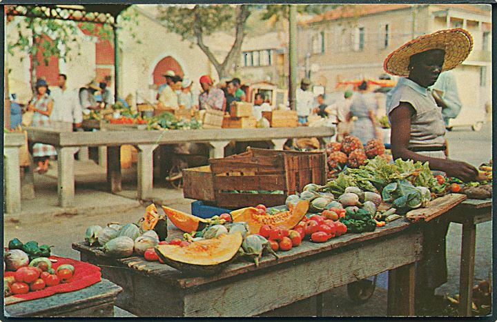 Dansk Vestindien. Colorful market - place scene in beautiful St. Thomas. Rohola photo supply no. 7422. 