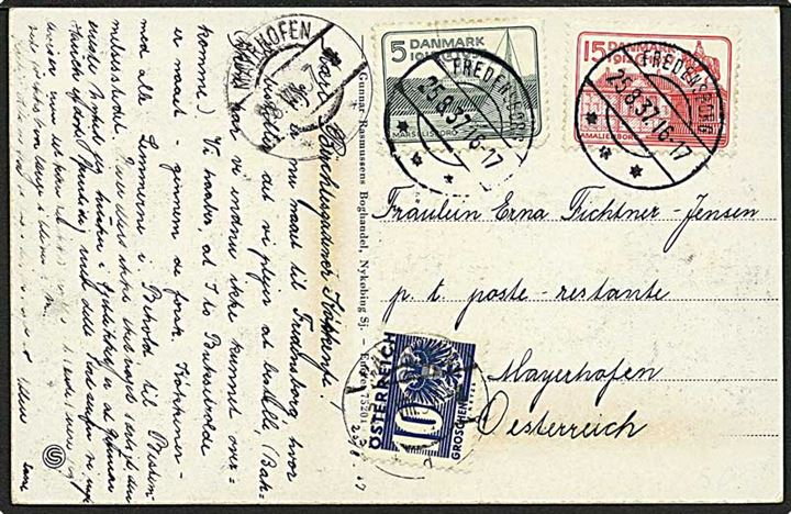 5 øre og 15 øre Regentjubilæum på brevkort fra Fredensborg d. 25.8.1937 til poste restante i Mayerhofen, Østrig. Påsat østrigsk 10 gr. portomærke som poste restante gebyr.