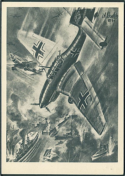 Tysk Propaganda. Et engelsk Hangarskib bliver bombarderet af en Ju 87. Står på dansk, svensk og norsk. U/no. 