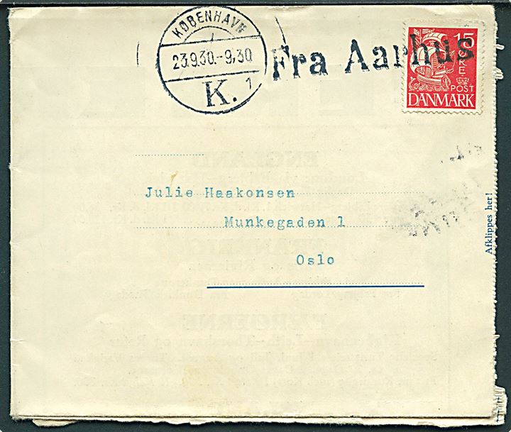 15 øre Karavel på DFDS Radiobrev formular med meddelelse fra Skandinavisk Amerika Linie damper S/S Hellig Olav modtaget af provinsbåden S/S C. F. Tietgen annulleret Fra Aarhus og sidestemplet København d. 23.9.1930 til Oslo, Norge.