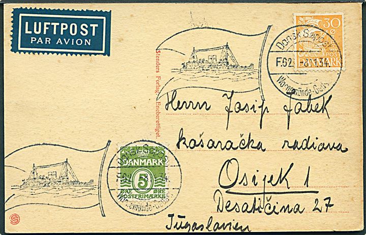 5 øre Bølgelinie og 30 øre Karavel på luftpost brevkort (Nakskov, Sukkerfabrikken) annulleret med skibsstempel Dansk Søpost Warnemünde-Gedser F.62 d. 8.11.1934 til Osijek, Jugoslavien.