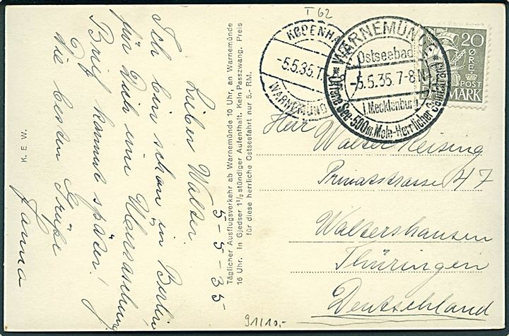 20 øre Karavel på brevkort (Færgen Schwerin) annulleret med tysk stempel i Warnemünde d. 5.5.1935 og sidestemplet med bureaustempel København - Warnemünde T.62 d. 5.5.1935 til Wettershausen, Tyskland.