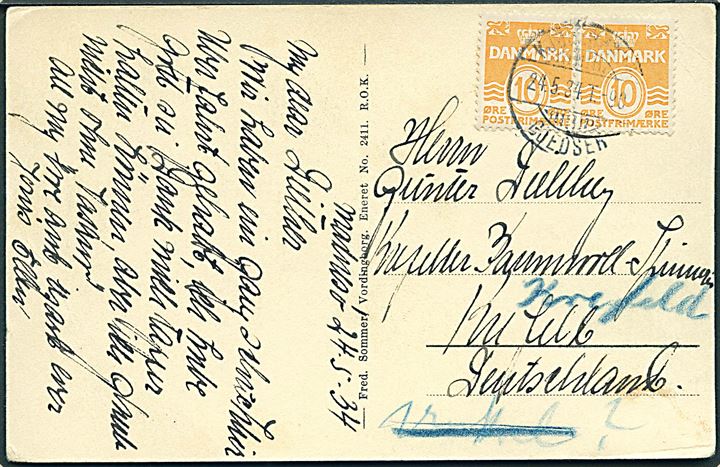 10 øre Bølgelinie i parstykke på brevkort (Masnedø færgeleje) annulleret med brotype Ie bureaustempel Kjøbenhavn - Gjedser T.90 d. 24.5.1934 til Krefeld, Tyskland.