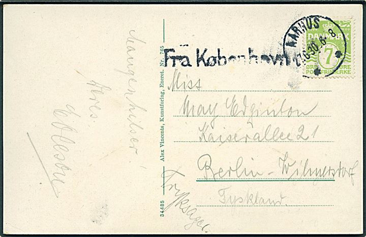 7 øre Bølgelinie på brevkort sendt som tryksag annulleret Aarhus d. 27.6.1930 og sidestemplet Fra København til Berlin, Tyskland.