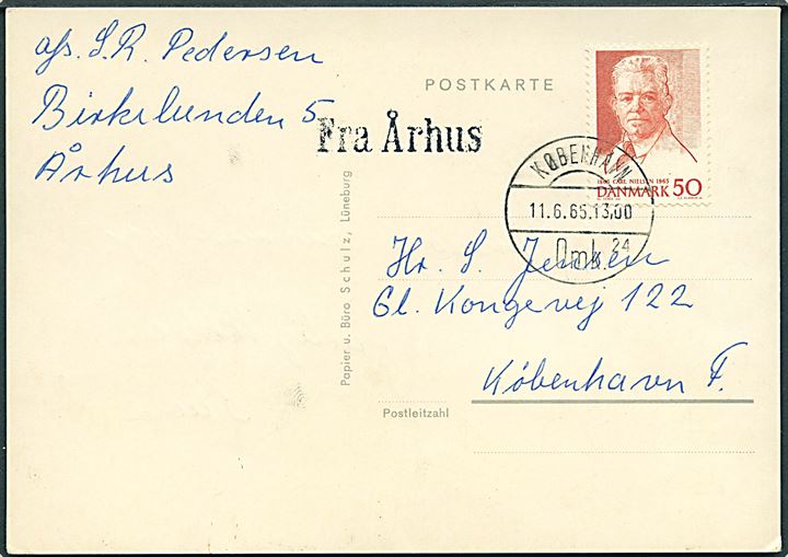50 øre Carl Nielsen på brevkort annulleret København d. 11.6.1965 og sidestemplet Fra Århus (32 mm) til København. Stemplet kendes ikke postalt brugt jf. Skilling.