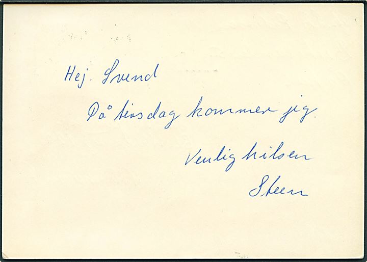 50 øre Carl Nielsen på brevkort annulleret København d. 11.6.1965 og sidestemplet Fra Århus (32 mm) til København. Stemplet kendes ikke postalt brugt jf. Skilling.