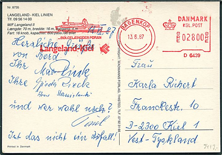 28 kr. (fejlindstillet ?) illustreret firmafranko stempel Langeland-Kiel på brevkort (Færgen Langeland II) fra Bagenkop d. 13.6.1987 til Kiel, Tyskland.