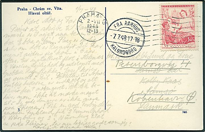 Tjekkisk 3 kcs på brevkort fra Prag d. 2.7.1948 til Kolby Kaas, Samsø - eftersendt til København med skibsstempel Fra Aarhus / Kalundborg d. 7.7.1948.