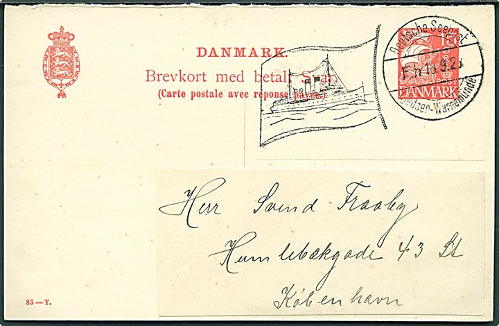15 øre Karavel spørgedel af dobbelt helsagsbrevkort (fabr. 83-Y) annulleret med tysk skibsstempel Deutsche Seepost Gjedser - Warnemünde Fh d. 18.9.1928 til København.