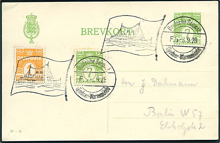 7 øre helsagsbrevkort (fabr. 87-H) opfrankeret med 1 øre og 7 øre Bølgelinie annulleret med tysk skibsstempel Deutsche Seepost Gjedser-Warnemünde Fb d. 8.9.1928 til Nerlin, Tyskland.