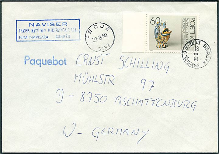 Portugal 60 c. på skibsbrev annulleret Bergen d. 22.8.1990 og sidestemplet Fedje og Paquebot til Aschaffenburg, Tyskland. Privat afs.-stempel fra M/S Navisara.