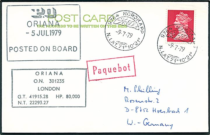 8d Elizabeth på filatelistisk brevkort annulleret med norsk stempel Nordkapp d. 9.7.1979 og sidestemplet Paquebot til Hoesback, Tyskland. Skibsstempler fra M/S Oriana.