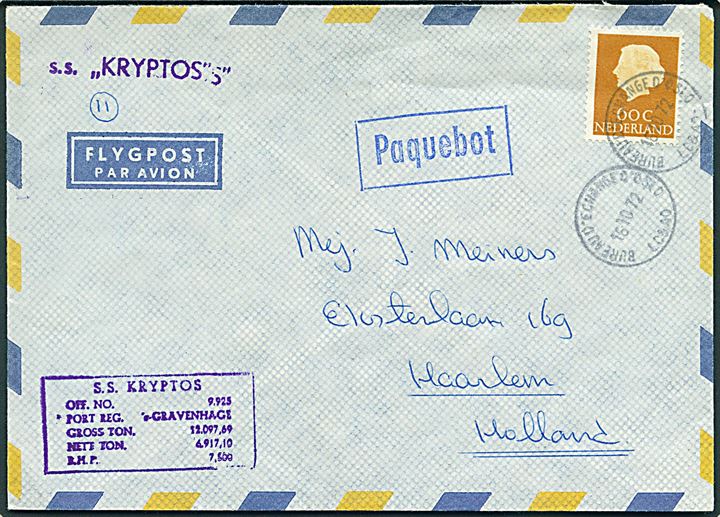 60 c. på luftpostbrev annulleret med norsk stempel i Oslo d. 16.10.1972 og sidestemplet Paquebot til Haarlem, Holland. Privat skibsstempel S/S Kryptos.