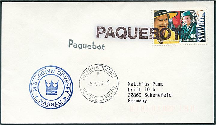 Bahamas 40 c. på brev annulleret med stort skibsstempel Paquebot og sidestemplet Paquebot og Internationalt Postcenter-DK sn9 d. 5.9.1994 til Schenefeld, Tyskland. Privat stempel: M/S Crown Odyssey af Nassau.