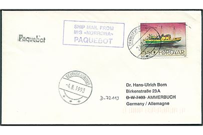 550 øre Postbåd på skibsbrev annulleret med islandsk stempel i Seydisfjördur d. 4.8.1993 og sidestemplet Paquebot til Ammerbuch, Tyskland. Rammestempel: Ship mail from M/S Norrøna Paquebot.