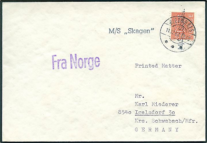 Norsk 60 øre på tryksag annulleret med privat skibsstempel M/S Skagen og Hirtshals d. 11.12.1961 og sidestemplet Fra Norge til Igelsdorf, Tyskland. Stemplet kendes kun anvendt i årene 1960-1961.