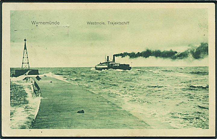 5 pfg. Germania (2) på brevkort (Warnemünde færgehavn) dateret ombord på færgen og annulleret med skibsstempel Fra Tyskland og sidestemplet bureau Kjøbenhavn - Warnemünde T.74 d. 22.5.1912 til Glashütte, Tyskland.