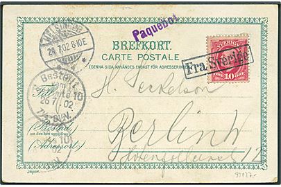 10 öre Oscar II på brevkort annulleret med skibsstempel Fra Sverige og sidestemplet både Paquebot og Helsingør d. 24.7.1902 til Berlin, Tyskland.