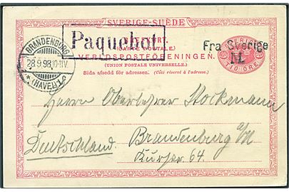 10 öre helsagsbrevkort fra Malmö d. 27.9.1898 annulleret med skibsstempel Fra Sverige M. og sidestemplet Paquebot til Brandenburg, Tyskland. Ank.stemplet d. 28.9.1898.