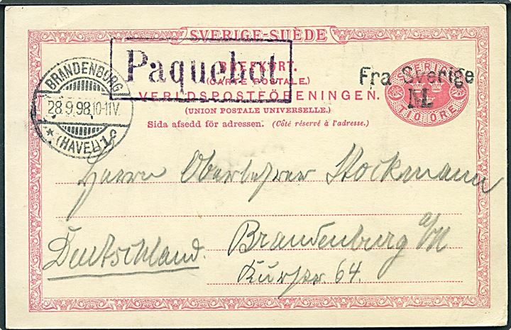 10 öre helsagsbrevkort fra Malmö d. 27.9.1898 annulleret med skibsstempel Fra Sverige M. og sidestemplet Paquebot til Brandenburg, Tyskland. Ank.stemplet d. 28.9.1898.