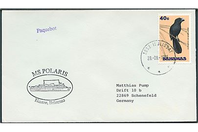 Bahamas 40 c. på skibsbrev annulleret med grønlandsk stempel i Ilulissat d. 28.8.1995 og sidestemplet Paquebot til Schenefeld, Tyskland. Privat skibsstempel fra M/S Polaris.