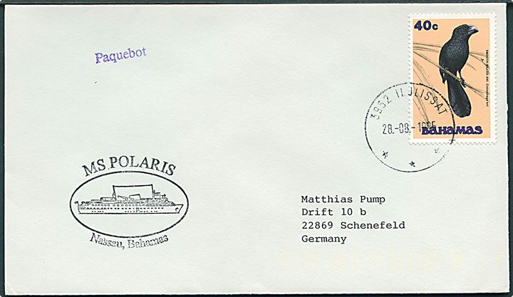 Bahamas 40 c. på skibsbrev annulleret med grønlandsk stempel i Ilulissat d. 28.8.1995 og sidestemplet Paquebot til Schenefeld, Tyskland. Privat skibsstempel fra M/S Polaris.