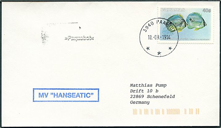 Bahamas 40 c. på skibsbrev annulleret med grønlandsk stempel i Paamiut d. 18.8.1994 og sidestemplet Paquebot til Schenefeld, Tyskland. Fra M/S Hanseatic.
