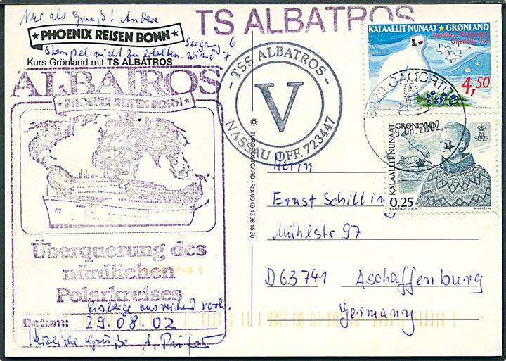 25 øre Margrethe og 4,25 kr. Jule udg. på brevkort (Kurs Grönland mit TS Albatros) fra Qaqortoq d. 29.8.2002 til Aschaffenburg, Tyskland. Flere private stempler fra turistskibet Albatros.