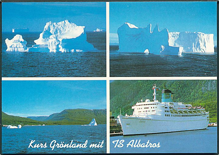 25 øre Margrethe og 4,25 kr. Jule udg. på brevkort (Kurs Grönland mit TS Albatros) fra Qaqortoq d. 29.8.2002 til Aschaffenburg, Tyskland. Flere private stempler fra turistskibet Albatros.