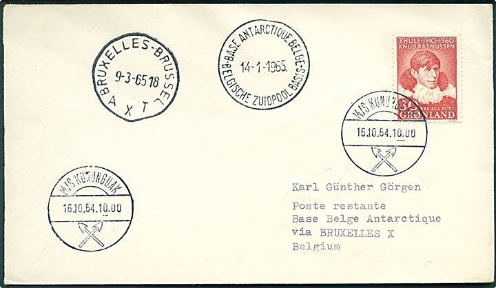 30 øre Knud Rasmussen på filatelistisk brev annulleret med skibsstempel M/S Kununguak d. 16.10.1964 til den belgiske polarstation King Baudouin i Antarktis. Ank.stemplet Base Antarctique Belge d. 14.1.1965.