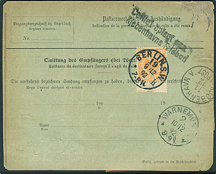 25 pfg. (2) og 50 pfg. Adler på for- og bagside af internationalt adressekort for pakke med opkrævning fra Berlin d. 9.12.1892 via Warnemünde til København, Danmark.