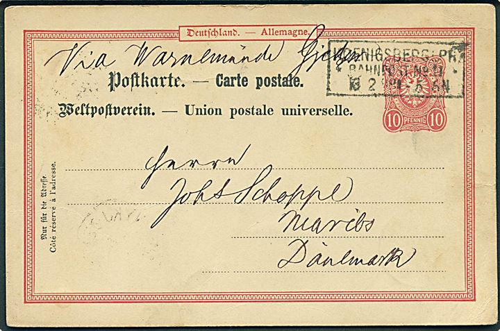 10 pfg. helsagsbrevkort fra Königsberg i. Pr. d. 13.2.1888 påskrevet via Warnemünde Gjedser til Maribo, Danmark.