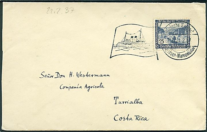 25+15 pfg. Winterhilfswerk på brev annulleret med tysk skibsstempel Deutsche Seepost Gjedser-Warnemünde d. 21.2.1937 til Turrialba, Costa Rica. Interessant destination.