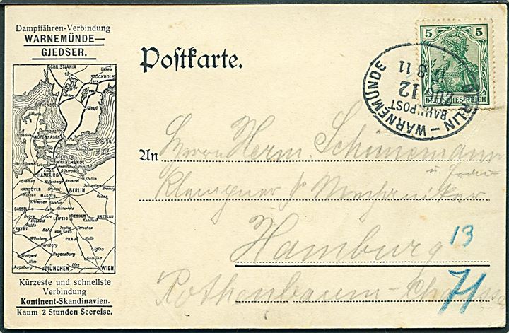 5 pfg. Germania på reklamekort fra Warnemünde-Gjedser overfarten annulleret med bureaustempel Berlin - Warnemünde Bahnpost Zug 12 d. 17.8.1911 til Hamburg.